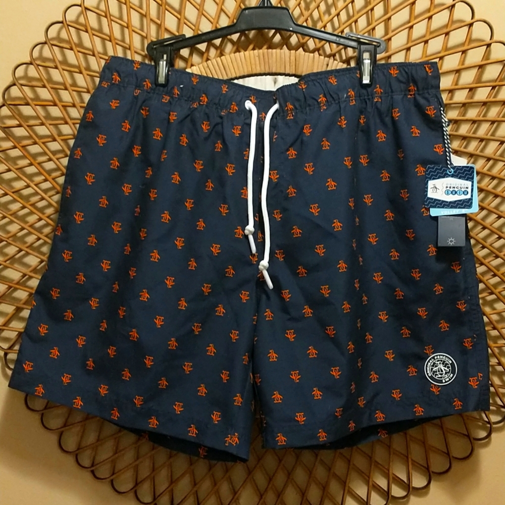 NWT ORIGINAL PENGUIN Mens Swim Trunks Size XL Navy/Orange